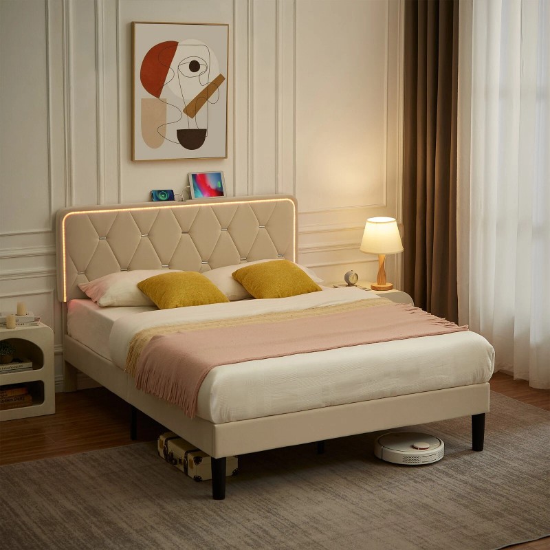 Vecelo LED Light Queen Full Twin Bed Frame with USB