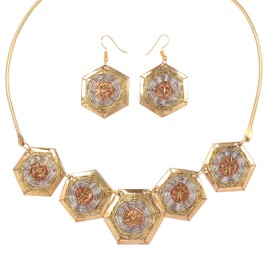 NEW! Touchstone Indian Bollywood Fashion Handcrafted Fascinating Basket Weave Concentric Wires Hexagon Shape Designer Jewelry Necklace Set In Gold Silver Copper Tones For Women.