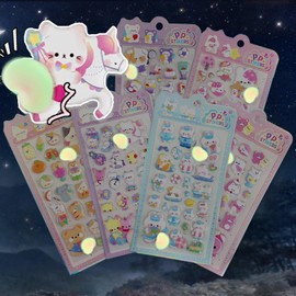 Set of 6 Japanese Project Products, Glow in the Dark Animal Squishy Stickers, 3D (Exchange Stickers with Friends, Glow in the Night! Glowing Buttocks, Squishy Texture, Squishy Animal Stickers