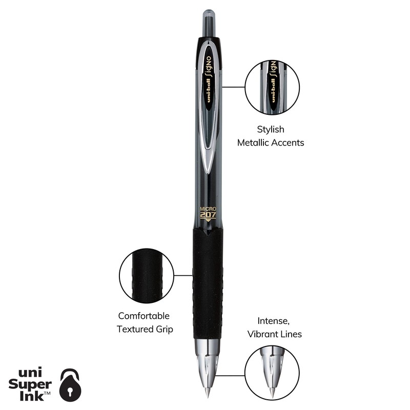 uniball 207 Retractable Gel Pens, Micro Point (0.5mm), Black, 5