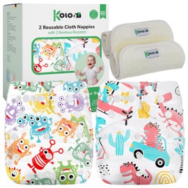 Kolo Reusable Nappies - Washable Cloth Nappy Set: 2 Washable Adjustable Cloth Nappies with 2 Bamboo Inserts. Cloth Nappies 100% Environmentally Friendly