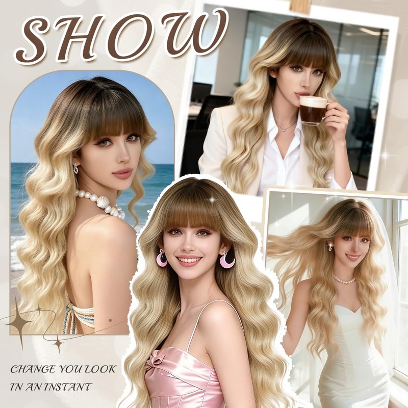 Potoki Ombre Blonde Synthetic Wig with Bangs Long Wavy Wig