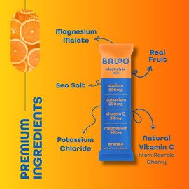 Baloo Electrolyte Powder Packets - No Added Sugar Instant Hydration Packets with Magnesium, Vitamin C, Potassium and Sodium - Orange - 30 Stick Packs
