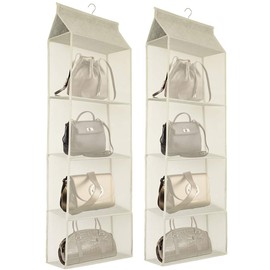 Dearjana Closet Handbag Purse Holder, Space Saving Hanging Handbag Storage Tote Bag Organizer Holder with 4 Large Heavy-Duty Mesh Shelves for Wardrobe Closet(Pack of 2 Beige)
