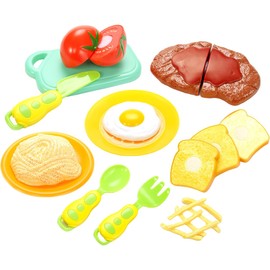 PowerTRC 16 Pcs 12 Items Kitchen Cutting Play Food Steak & Toast Toy for Kids | Pretend Cooking Fast Food Breakfast Play Set | Educational & Imaginative Birthday Gift for Toddlers & Baby, Boys & Girls