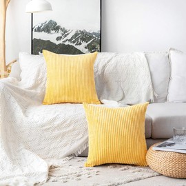 MUDILY Pack of 2 Throw Pillow Covers Striped Velvet Corduroy Couch Pillow Cushion Covers Pillowcases for Sofa Bedroom Car, Light Yellow 18 x 18 inch 45 x 45 cm