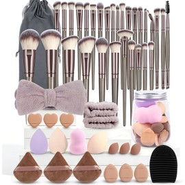Set De 52 Piezas De Utensilios De Maquillaje,Que Incluye 30 Pinceles Y Esponjas De Maquillaje,Con Bolsa De Almacenamiento De Felpal,Set De Pinceles Multifuncionales, Ideal Para Viajar Y Para El Uso Diario (Champán)