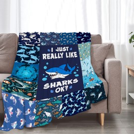 Shark Blanket Blue Shark Throw Blanket Cartoon Ocean Animal Print Plush Blanket Fleece Fuzzy Gift for Girls Boys Super Soft Warm Cozy Flannel for Couch Bed Sofa for KidsTeens Adults 50"x40"