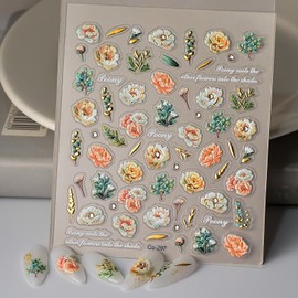 Peony Flower 5D Embossed Nail Stickers for Spring Nail Art Peony Nail Decals Rhinestones Nail Art Stickers with Gold Leaf Artificial Nails Supplies for Women Manicure Decorations