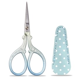 Embroidery Scissors, Sewing Scissors, Crochet Scissors, Small Craft Stainless Steel Scissors for Sewing Threading Needlework Handicraft Trimming 1PCS with Fake Leather Scissors Cover