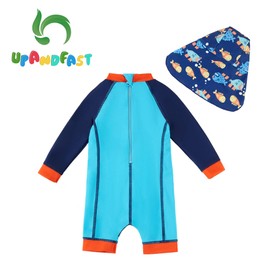 upandfast Baby/Toddler One Piece Zip Sunsuit with Sun Hat UPF 50+ Sun Protection (Blue Fish, 9-12 Months)