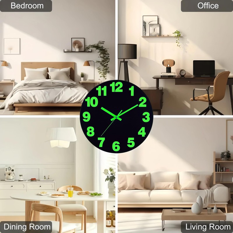AIENAI 12 inch Vinyl Black Clock, Battery Powered, Glowing in