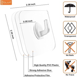 GLUIT Adhesive Plastic Clear Utility Hooks Transparent Hook for The Drill-Free Wall 40 pcs