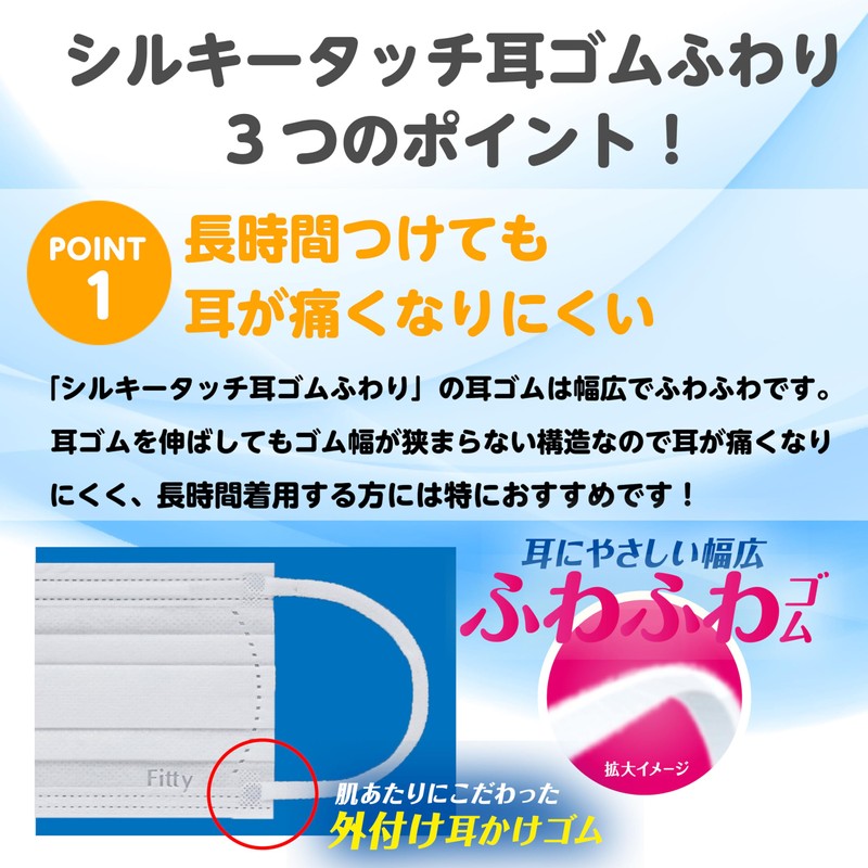[フィッティ] Fitty シルキータッチ耳ゴムふわり 27枚 (やや大きめサイズ/不織布) 個包装 不織布マスク (耳が痛くなりにくい/肌ざわりがいい/大きめ) 使い捨て
