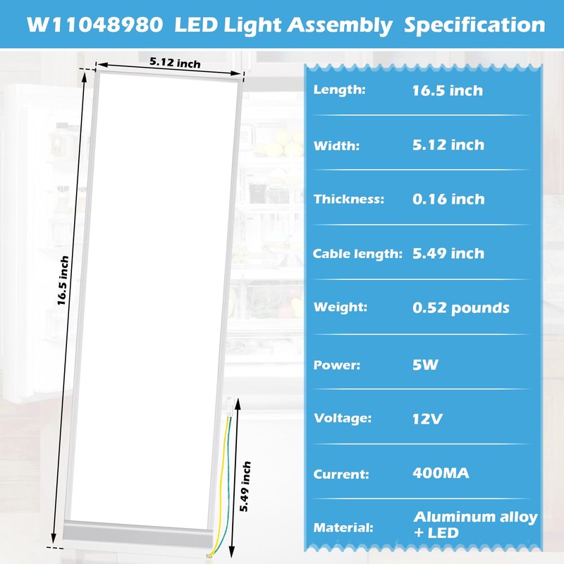 IWIWE W11048980 Refrigerator LED Light Assembly Replacement for Whirlpool WRQA59CNKZ