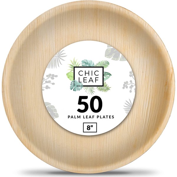Chic Leaf Palm Leaf Plates Bamboo Plates Disposable 8 Inch Round Party Pack (50 pc) Compostable Plates and Biodegradable - Eco Friendly Plates - Stronger than Plastic and Paper