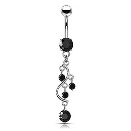 Pierced Owl 14G Stainless Steel Cascading CZ Crystal Vine Dangling Belly Button Ring (Black)