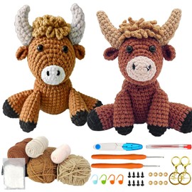 Crochet Set Animals, Highland Cow Chopping Kit for Beginners, with Crochet Hook, Scissors and Yarn etc., Fully Equipped for Knitting Enthusiasts or Beginners