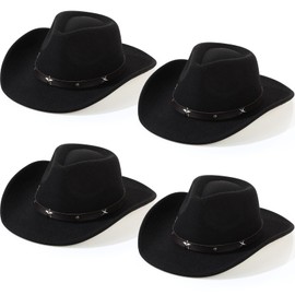 Mumufy 4 Pcs Classic Western Cowboy Hat Men Felt Wide Brim Cowgirl Hats Women Belt Buckle Cap for Adults(Black)