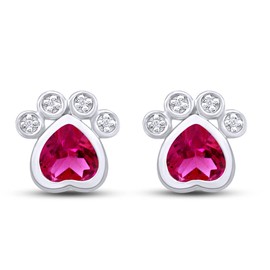 AFFY 14k White Gold Over Sterling Silver Heart Cut Simulated Ruby And Round White CZ, Paw Print Stud Earrings, Paw Print Earrings for Women Push Back Earrings