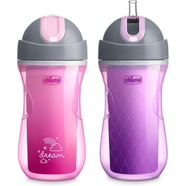 Chicco 9oz. Double-Wall Insulated Flip-Top Sippy Cup with Silicone Straw and Spill-Free Lid | Top-Rack Dishwasher Safe Easy to Hold Ergonomic Indents Dream Pink/Purple, 2pk 12+ months
