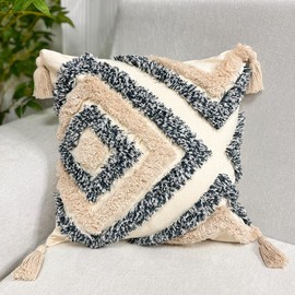 Mimkus Woven Tufted Pillow Cover with Tassels 18x18 Inch,Boho Diamond Pattern Decorative Pillows Cover,Modern Geometric Throw Pillow Covers for Couch Sofa Bedroom