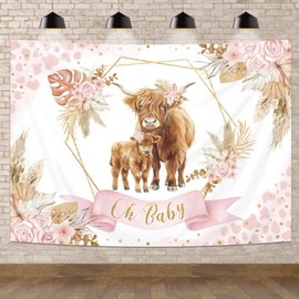 Newsely Highland Cow Baby Shower Decorations Backdrop 7Wx5H Photography Boho Pink Rose Floral Pampas Grass Cute Animal Sweet Girls Newborn Background Aesthetic Party Banner Photo Booth Props Supplies