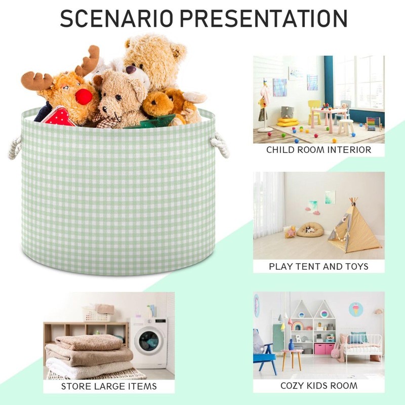 Takiito Green Gingham Checkered Storage Basket for Organizing, Fabric Collapsible