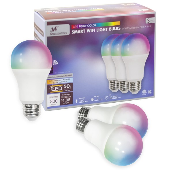 mw Lighting Smart Light Bulb Work with Wi-Fi RGBW Color Changing Led Bulbs Compatible with Alexa and Google Home Assistant, A19 E26 9W 800LM Multicolor Led Light Bulb, No Hub Required (3 Pack)