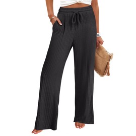 ANRABESS Womens Ribbed Knit Straight Leg Lounge Pajama Pants Casual Comfy Soft Loose Fall Drawstring Pj Bottoms with Pockets Black Small