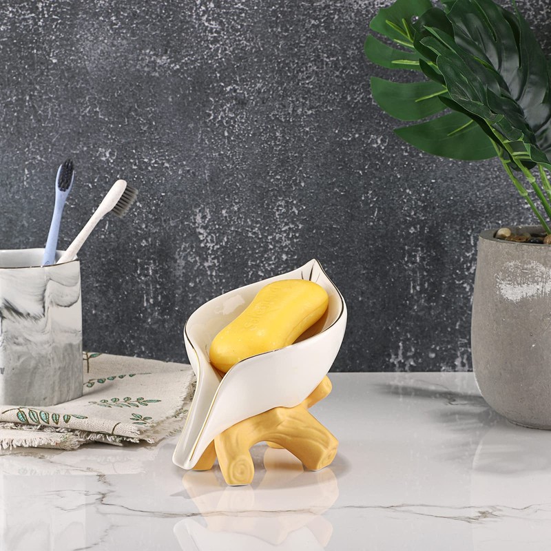 SUMTree Ceramic Soap Holder Self Draining Soap Dish, Leaf Shape