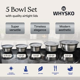 WHYSKO® Stainless Steel Mixing Bowls With Lids Plus Stainless Steel Whisk, Potato Masher and Grater Lids, 5 Nesting Mixing Bowls And Kitchen Tools for Meal Prep, Cooking, Baking, Serving, Food Storage