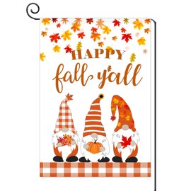 Happy Fall Y'all Garden Flag,Cute Gnomes Pumpkin Autumn Fall Harvest Maple Leaves Garden Flag,Autumn Thanksgiving Double Sided Seasonal Garden Flag for Yard Lawn Outdoor Decor 12.5x18 inch