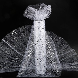 11.8’’ x 11Yards Sparkle Tulle Roll Glitter Sequin Tulle Fabric Roll Organza Tulle Roll Glitter Tulle Roll Fabric Ribbon for DIY Crafts Wedding Décor Party Banquet Decoration Gift Wrapping(White)