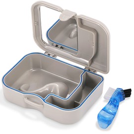 Annhua Denture Cup Bath Box Case with Mirror and Cleaning Brush, Denture Container with Brush Retainer Cleaning Case Mouth Guard Storage Soaking Cup Holder for Travel, Office, Household Use