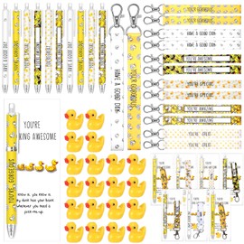 Spakon 72 Pcs Duck Pens Gifts Sets Include Yellow Duck Lanyard Inspirational Key Chains Cute Duck Ballpoint Pen Resin You're Awesome Cards Bookmarks for Duck Lovers Students Duck School Supplies