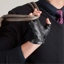 Nappaglo Men's Short Fingerless Leather Fingerless Gloves, Winter, Inner Warm, Cold Protection, Exercise, Driving, Driving Gloves, black (silk lining)