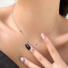 Yheakne Vintage Crystal Cross Choker Necklace Silver Cz Cross Necklace Blue Bead Chain Necklace Tiny Rhinestone Cross Pendant Necklace Jewelry for Women