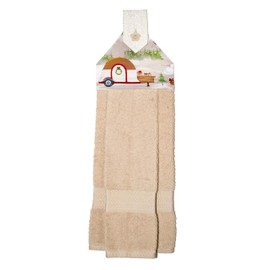 Hanging Hand Towel - Retro Winter Scene - Vintage Trailer - Tan Plush Towel - RV Camping Decor - Handmade by Green Acorn Kitchen