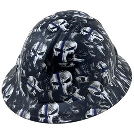 Texas America Safety Company Full Brim Hydro Dipped Patriotic Design Hard Hat with 4 Point Ratchet Suspension and Tote - Thin Blue Line Skulls