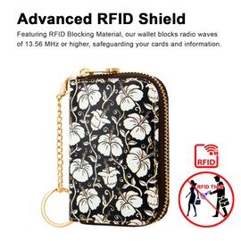 Credit Card Holder for Women, RFID Card Holder Wallet - Slim Leather Zipper Card Case - Ladies Small Keychain Wallets (Monochrome Hibiscus)