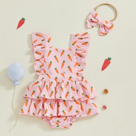 Ayalinggo Easter Outfit Baby Girl Newborn Infant Carrot Fly Sleeve Romper Square Neck Ruffled Bodysuit Toddler Summer Clothes (Pink, 0-3 Months)