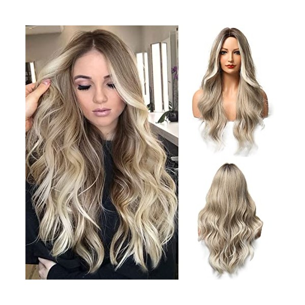 Esmee 24" Long Wavy Wigs for Women Brown Ombre Ash Blonde Hair Heat Resistant Synthetic Wigs for Daily Parties and Role Playing