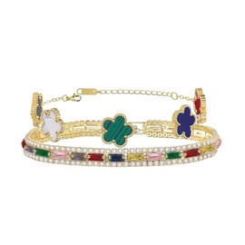 2Pcs Stackable Gold Bracelet Set for Women Colourful Cubic Zirconia Tennis Bracelet Adjustable 18K Gold Plated Clover Bracelet Set Trendy Gifts for Women (Colourful)