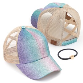 C.C Ponycap - Gorra de béisbol ajustable con malla con purpurina, Una banda elástica, color morado brillante con purpurina, Talla única