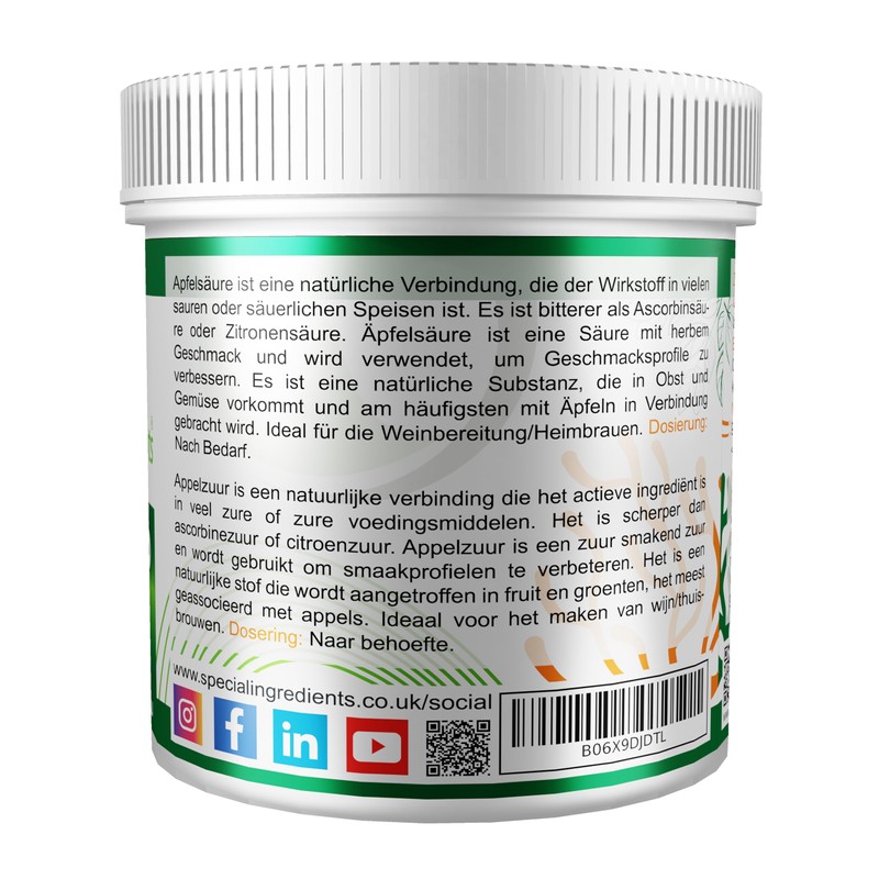Special Ingredients Malic Acid Powder 100g Premium Quality - Vegan,