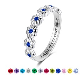 LEXLUNE Dainty Daisy Ring for Women, S925 Sterling Silver Cubic Zirconia Sunflower Flower Ring For Daughter, I Think Of You Every Daisy Ring,September Birthstone Sapphire Size 6
