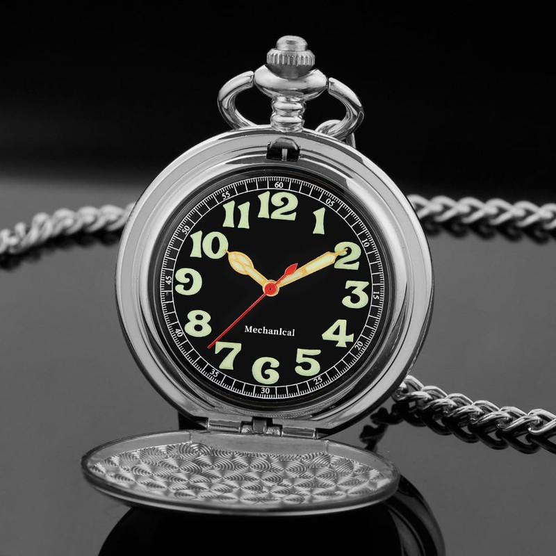 Tiong Silver Men's Smooth Steel Mechanical Pocket Watch with Luminous