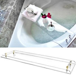 Clear Acrylic Bathtub Caddy Tray with Gold Handles for Luxury Bathroom Bathtub, 31 x 9 Inch