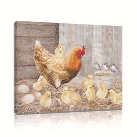 Farmhouse Wall Art Rooster Print: Hen Painting Small Born Chicks Picture Barnyard Birds Vintage Wood Framed Canvas Artwork for Kitchen Decor Easy Hanging (12"x16"x1 Panel)